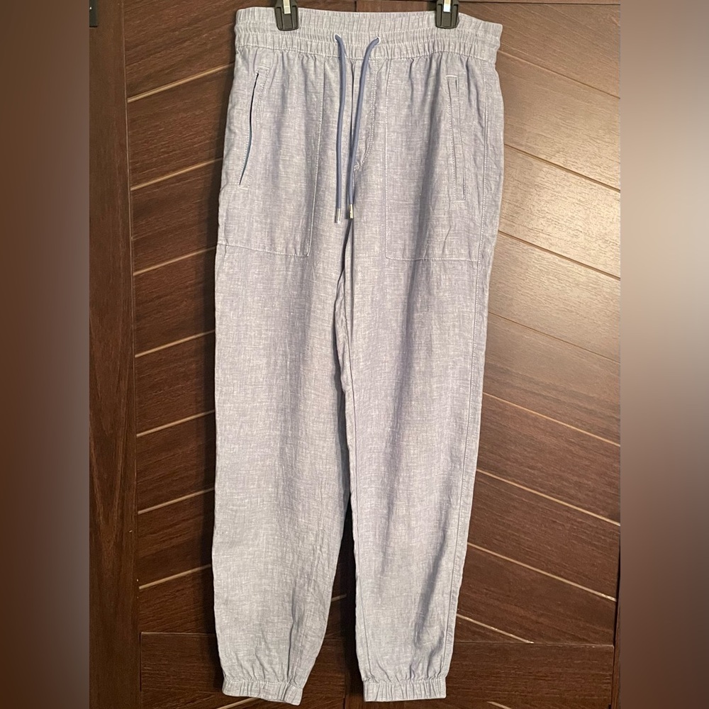 Athleta Cabo Linen drawstring chambray joggers zippered pockets women’s sz 2